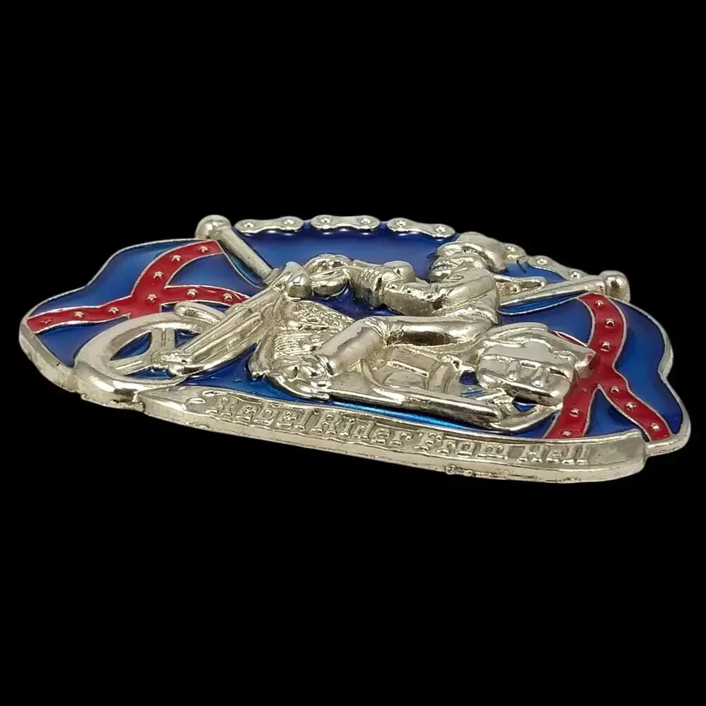 Rebel‎ Rider From Hell Motorcycle Skeleton Enamel Stamped Belt Buckle